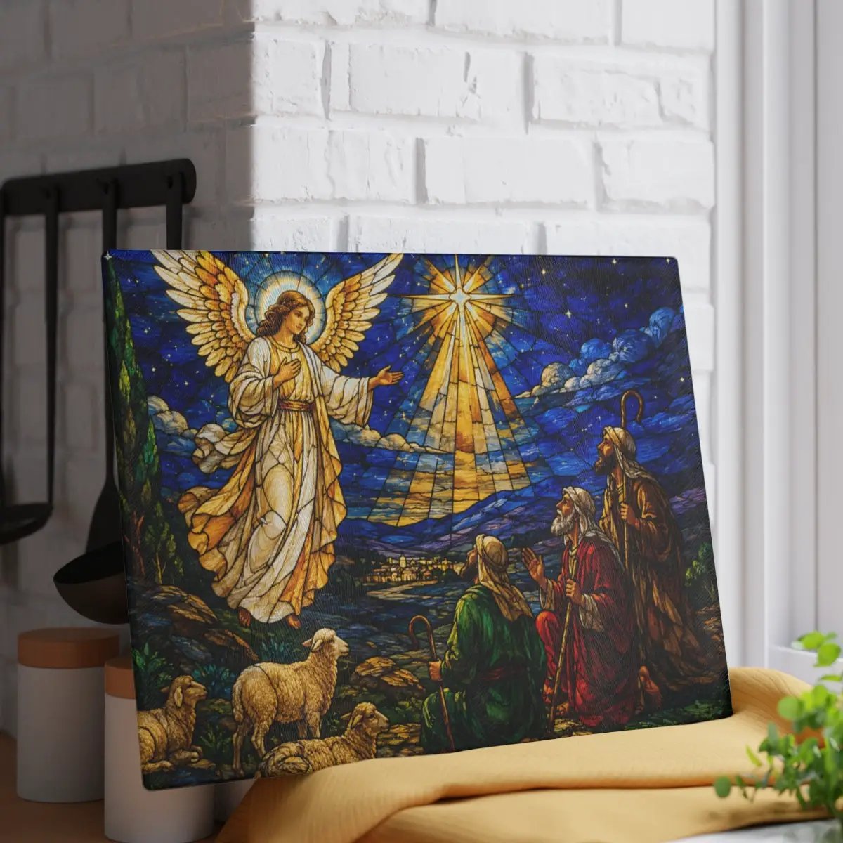 Angel and Shepherds Glass Cutting Board, Christian Christmas Gift, Nativity Kitchen Decor, Religious Christmas Decor, Stained Glass Art
