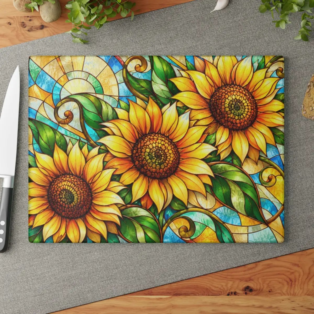 Sunflower Glass Cutting Board, Stained Glass Floral Kitchen Decor, Art Nouveau Sunflower Board, Yellow Flower Gift, Colorful Kitchen Art