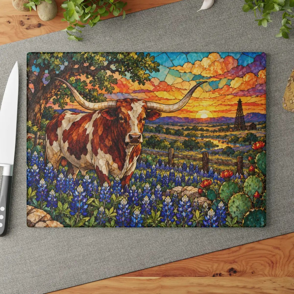 Texas Longhorn Glass Cutting Board, Bluebonnet Kitchen Decor, Texas Cow Gift, Western Kitchen Decor, Texas Housewarming Gift