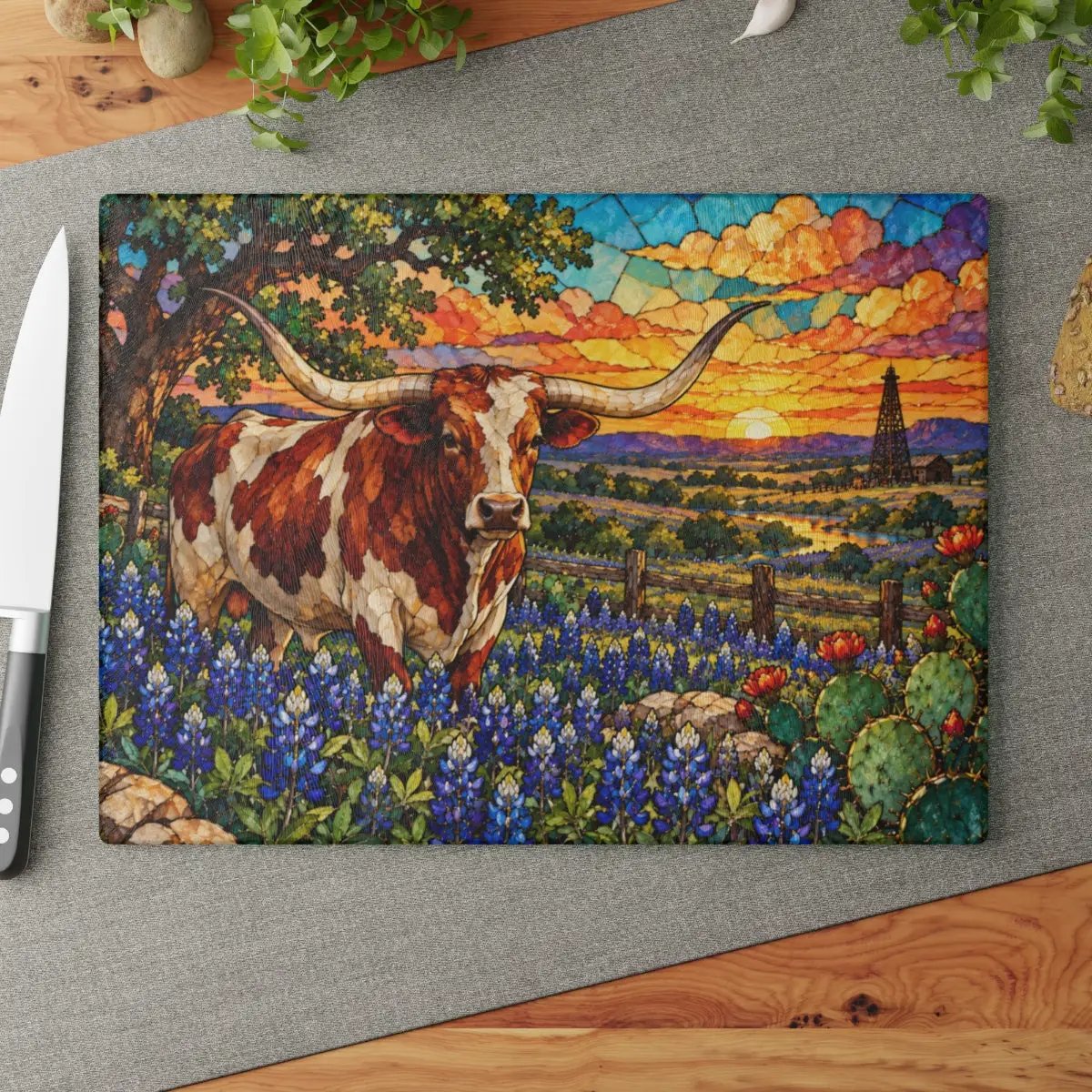 Texas Longhorn Glass Cutting Board, Bluebonnet Kitchen Decor, Texas Cow Gift, Western Kitchen Decor, Texas Housewarming Gift