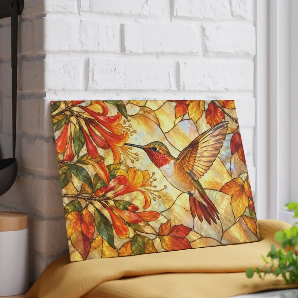 Hummingbird Cutting Board, Stained Glass Hummingbird Decor, Autumn Floral Kitchen Decor, Bird Lover Gift, Fall Hostess Gift