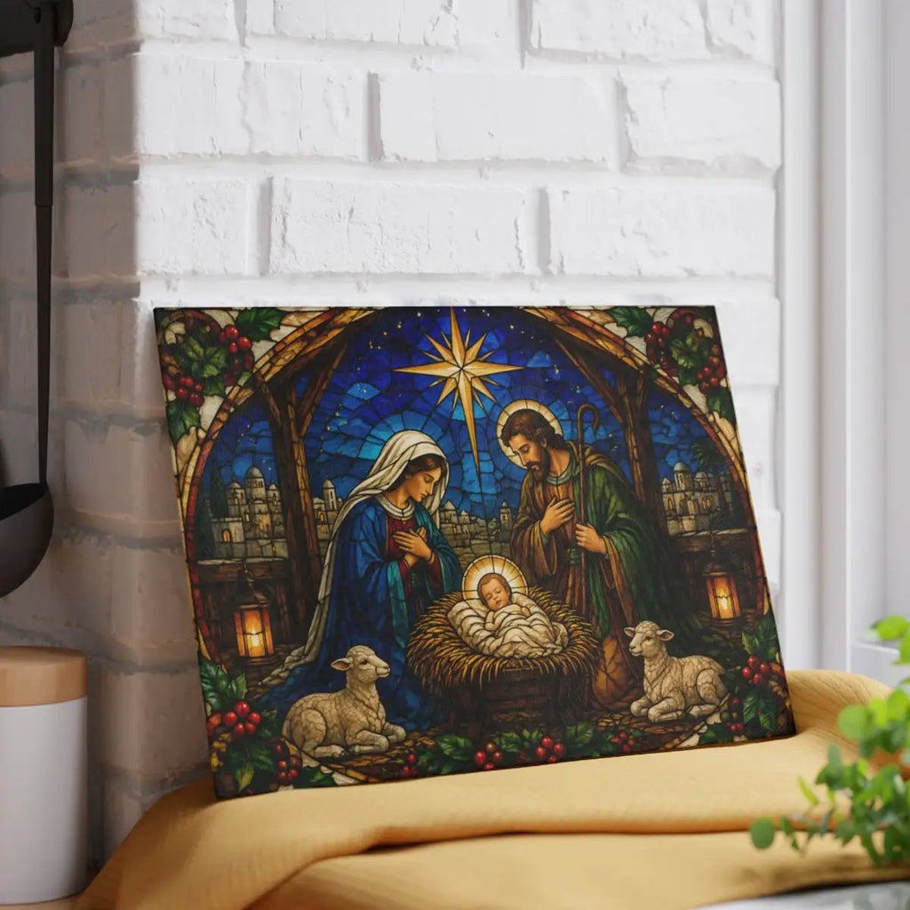 Nativity Glass Cutting Board, Christian Christmas Decor, Manger Scene Cutting Board, Religious Christmas Gift, Stained Glass Nativity
