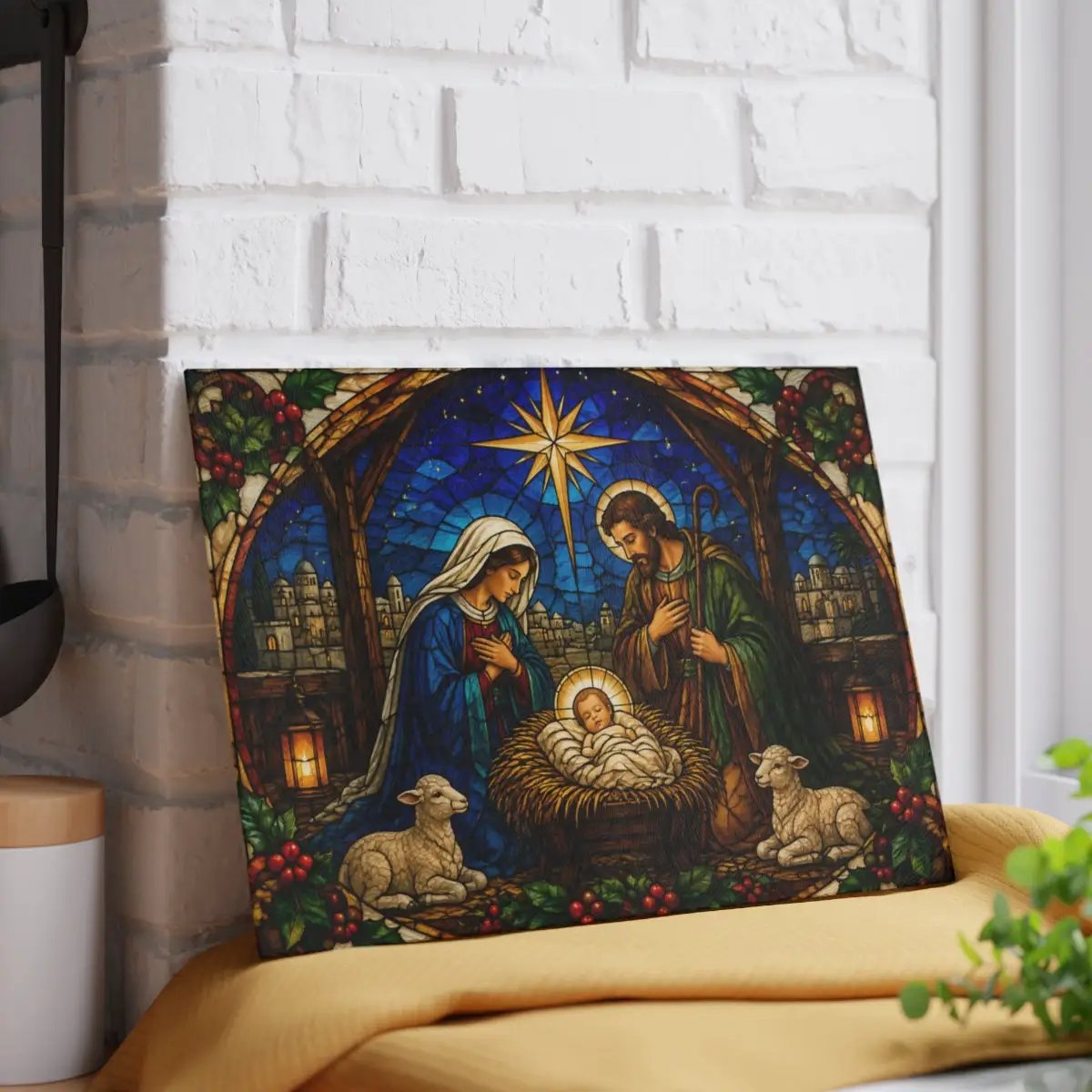 Nativity Glass Cutting Board, Christian Christmas Decor, Manger Scene Cutting Board, Religious Christmas Gift, Stained Glass Nativity