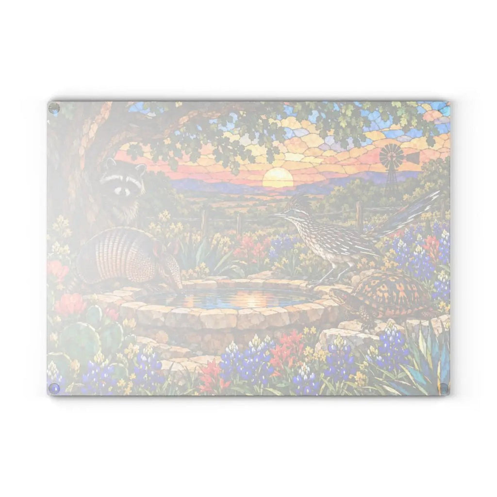 Texas Wildlife Glass Cutting Board, Roadrunner Armadillo Raccoon Bluebonnet Kitchen Decor, Waterhole Texas Gift, Colorful Southwest Art