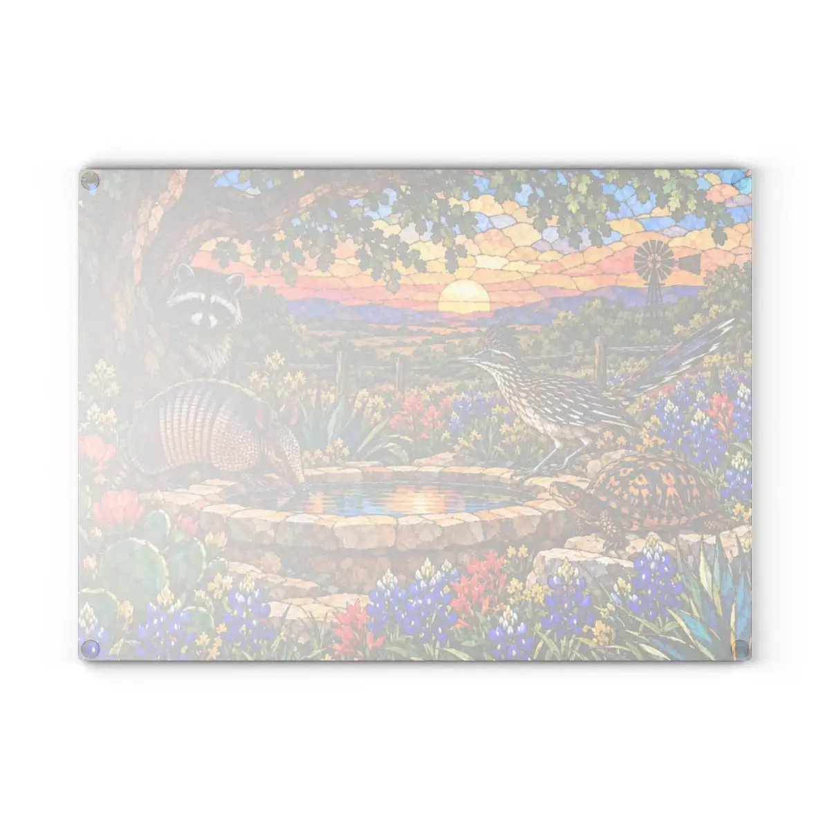 Texas Wildlife Glass Cutting Board, Roadrunner Armadillo Raccoon Bluebonnet Kitchen Decor, Waterhole Texas Gift, Colorful Southwest Art