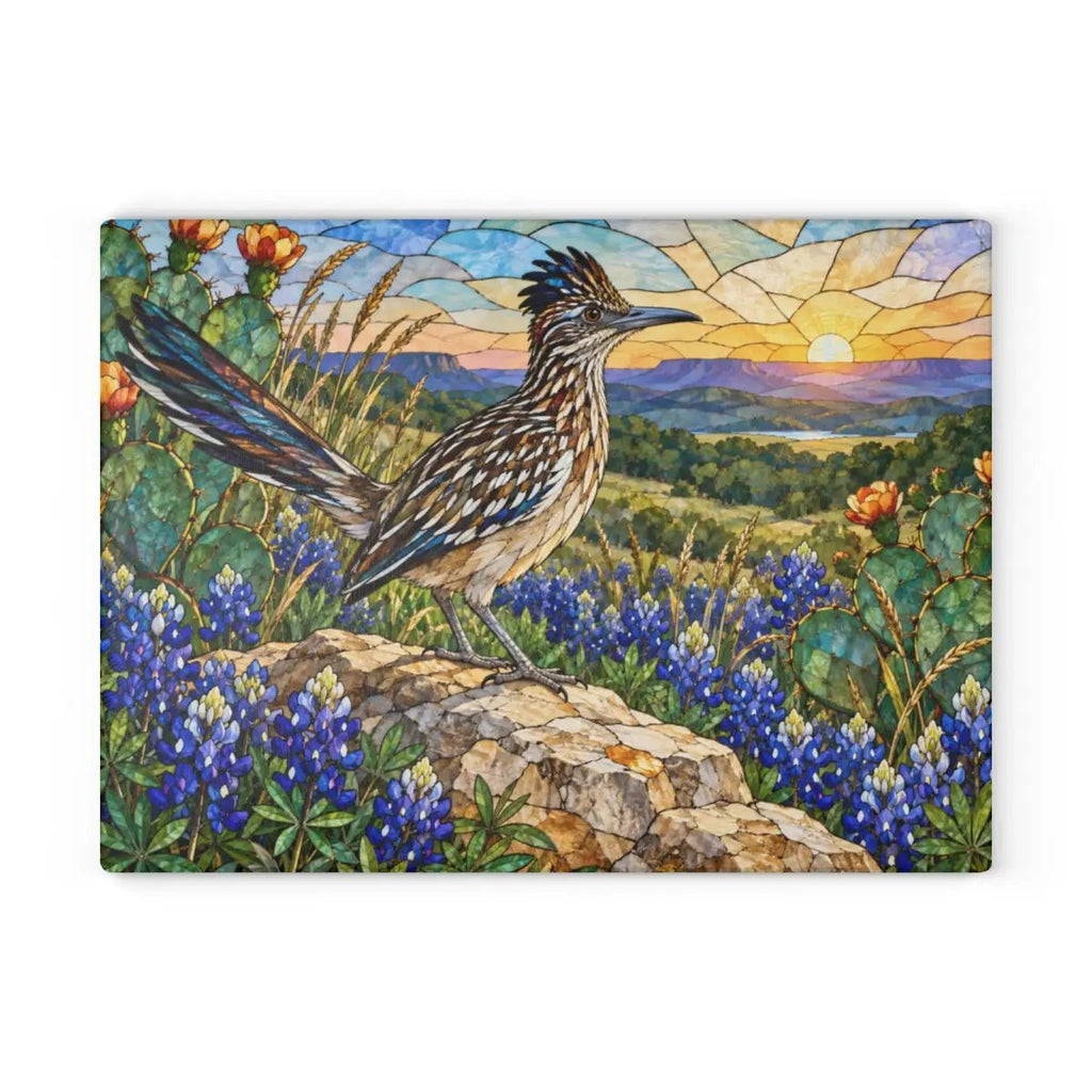 Roadrunner Glass Cutting Board, Southwestern Bird Kitchen Decor, Wildflower Landscape Chopping Board, Nature Lover Gift, Birdwatcher Gift