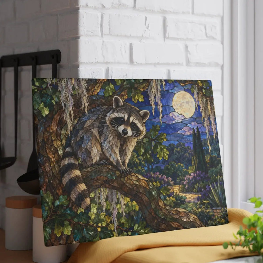 Raccoon Glass Cutting Board, Woodland Kitchen Decor, Moonlit Forest Chopping Board, Wildlife Lover Gift, Rustic Nature Kitchen Accent