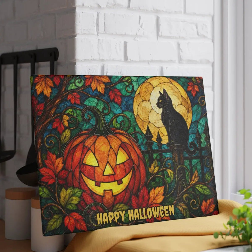 Halloween Black Cat and Jack-O-Lantern Personalized Glass Cutting Board, Spooky Pumpkin Kitchen Decor