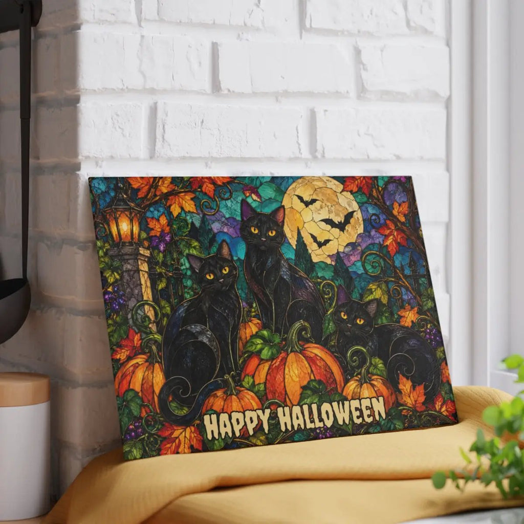 Halloween Black Cats Personalized Glass Cutting Board, Spooky Pumpkin Kitchen Decor