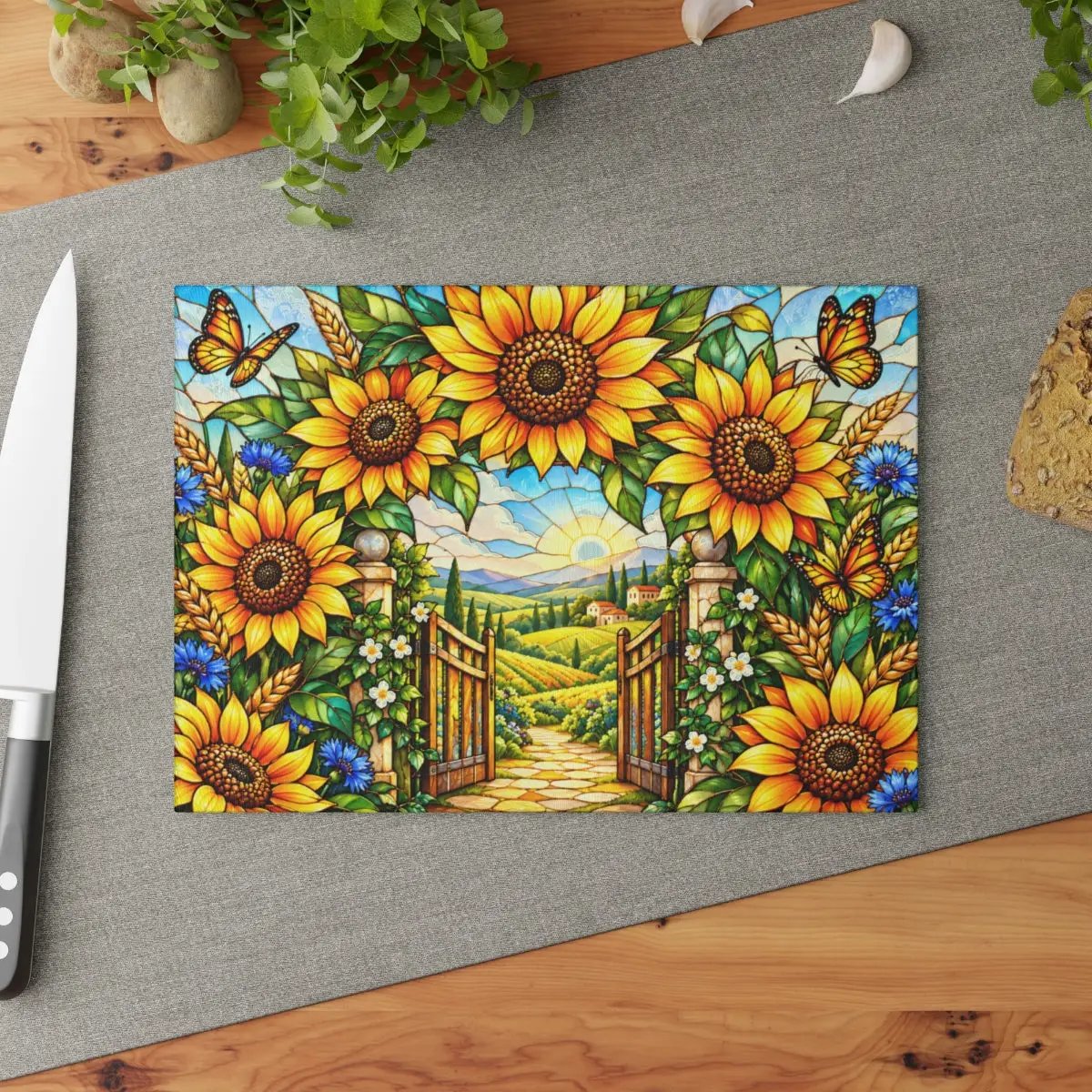 Sunflower Glass Cutting Board, Garden Gate Kitchen Decor, Stained Glass Floral Art, Sunflower Housewarming Gift, Cottage Garden Decor