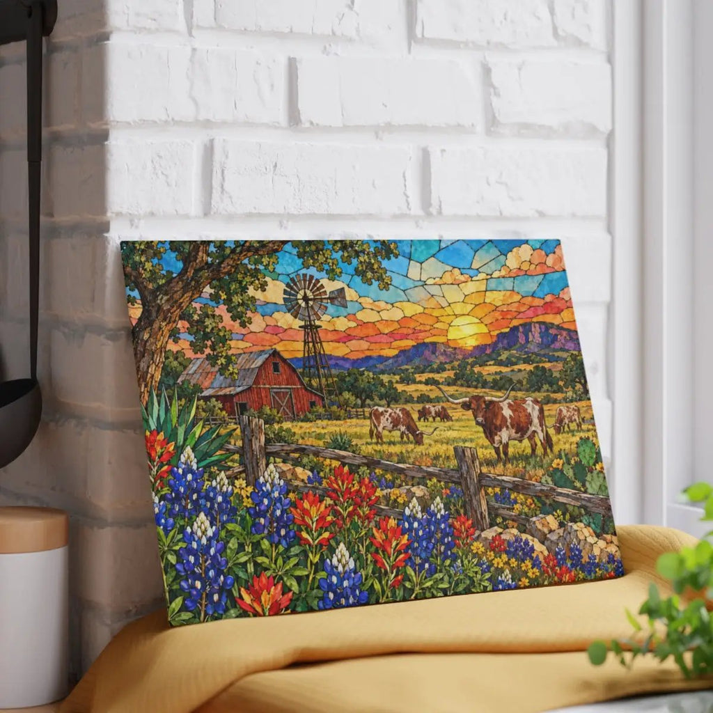 Texas Longhorn Glass Cutting Board, Bluebonnet Ranch Kitchen Decor, Western Farmhouse Gift, Texas Country Decor, Longhorn Cattle Art