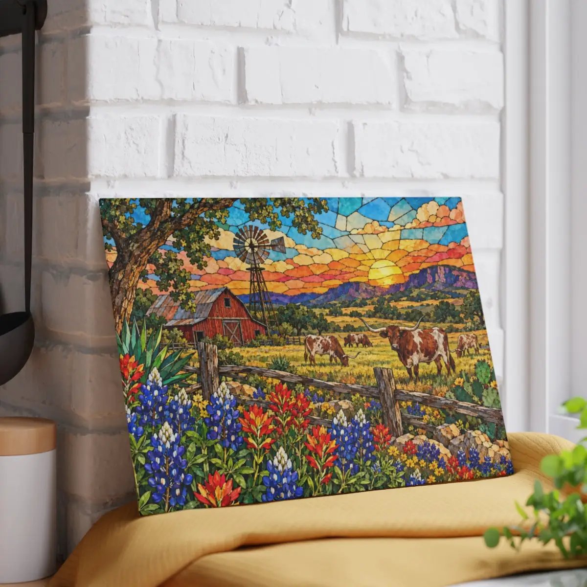 Texas Longhorn Glass Cutting Board, Bluebonnet Ranch Kitchen Decor, Western Farmhouse Gift, Texas Country Decor, Longhorn Cattle Art
