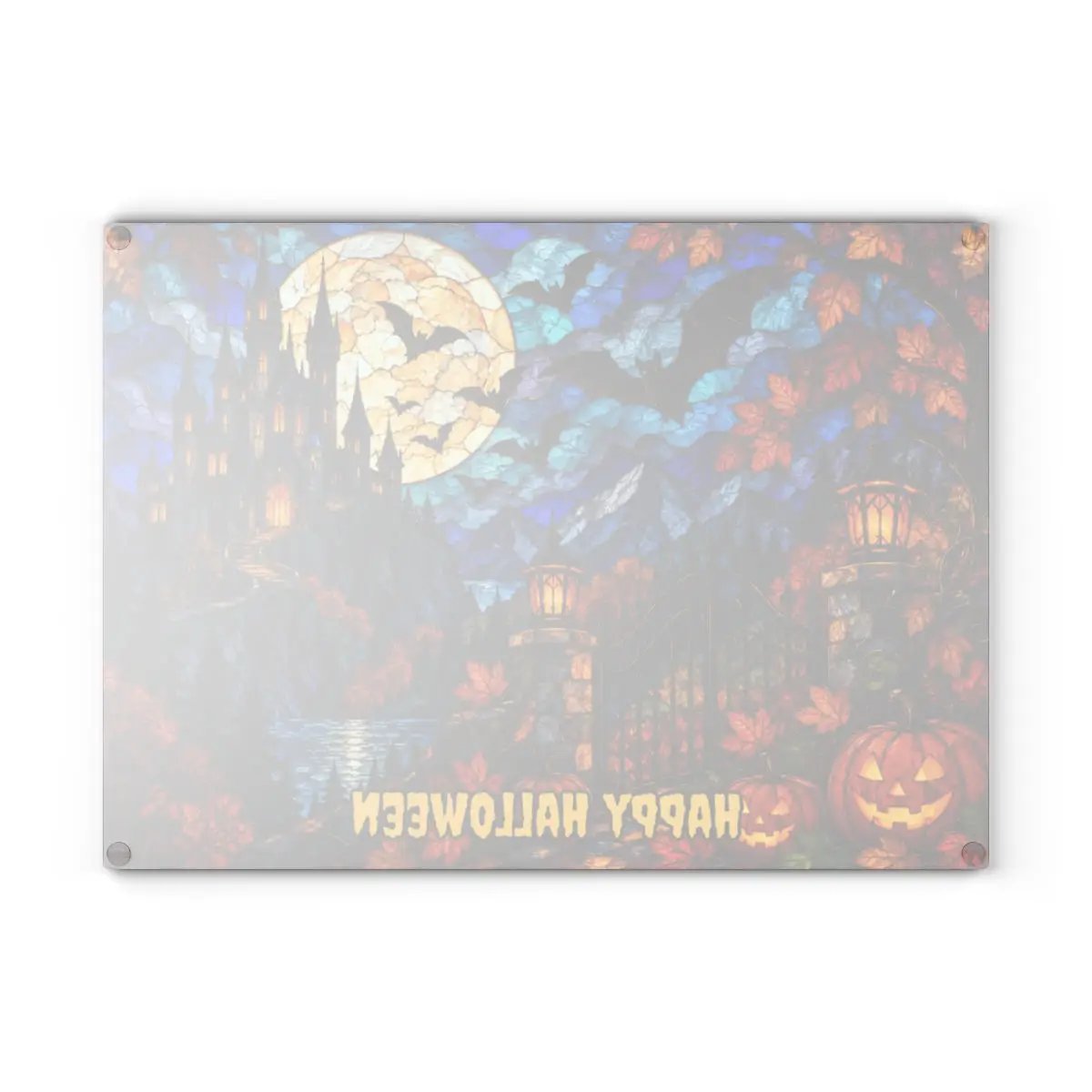 Halloween Castle Personalized Glass Cutting Board, Gothic Haunted House Kitchen Decor