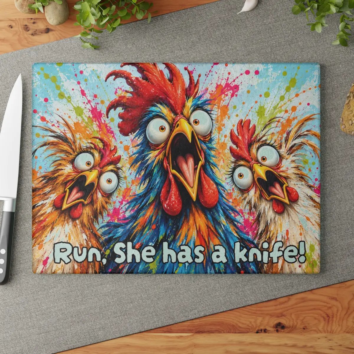 Three Screaming Chickens Cutting Board, Funny Chicken Kitchen Decor, Colorful Chicken Lover Gift, Farmhouse Kitchen Gift