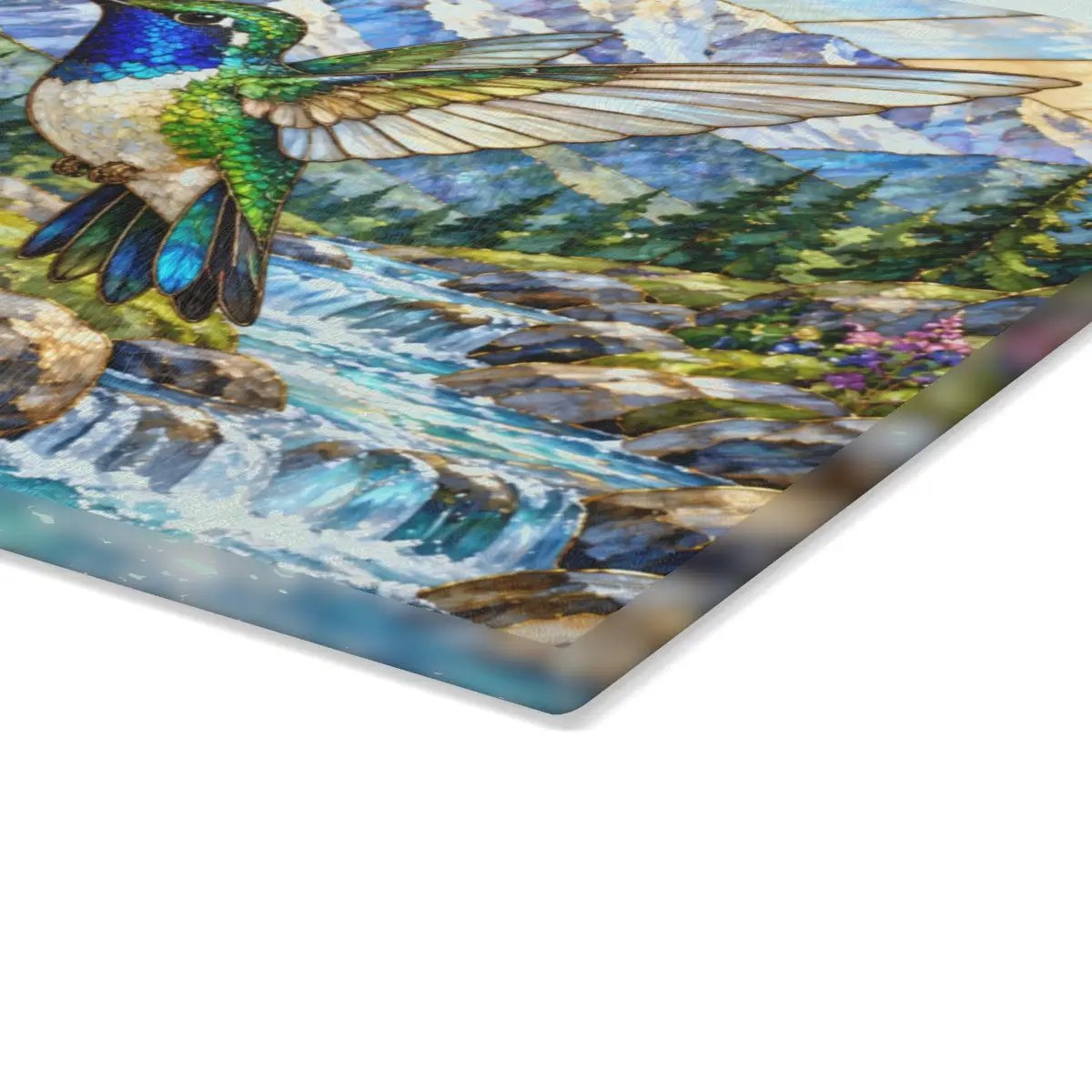 Hummingbird Glass Cutting Board, Stained Glass Mountain Art, Columbine Flower Kitchen Decor, Bird Lover Gift, Alpine Nature Cutting Board