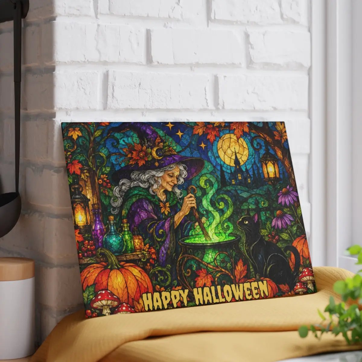 Halloween Witch Cauldron Personalized Glass Cutting Board, Spooky Black Cat Kitchen Decor