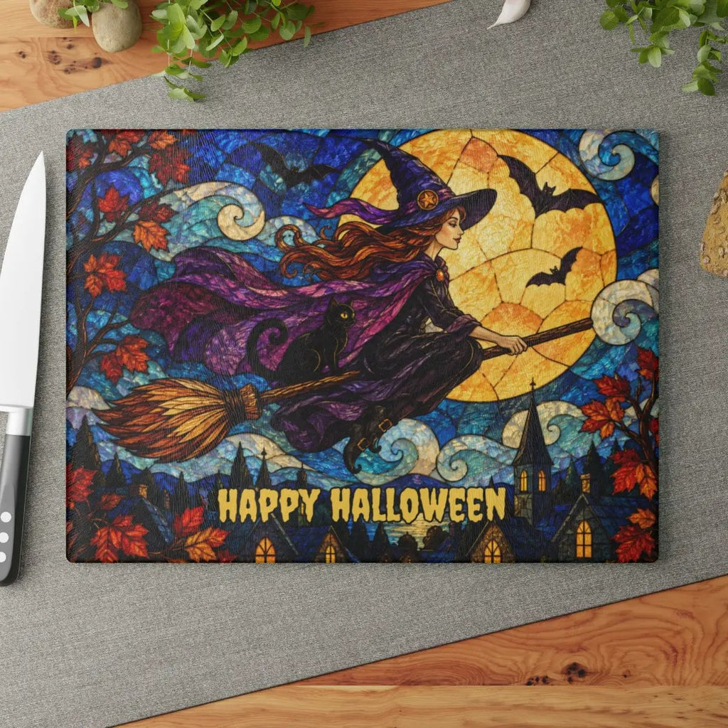 Halloween Flying Witch Personalized Glass Cutting Board, Spooky Pumpkin Kitchen Decor