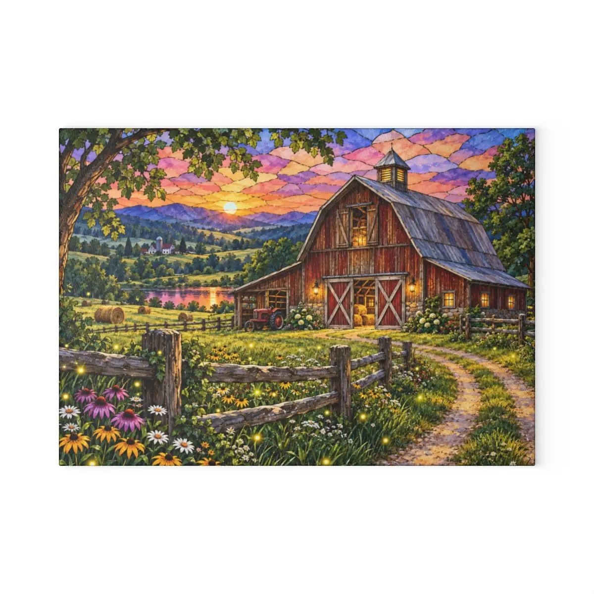 Summer Barn Wall Art, Texas Country Landscape, Rustic Farmhouse Decor, Stained Glass Style Barn Art, Country Summer Wall Decor