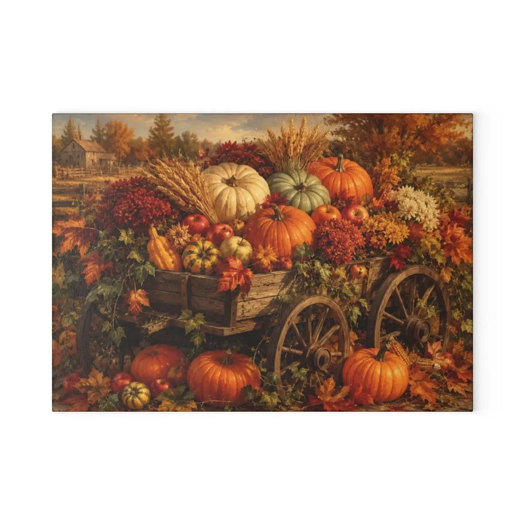 Fall Harvest Wagon Glass Cutting Board, Rustic Farmhouse Kitchen Decor, Pumpkin Cutting Board, Thanksgiving Gift