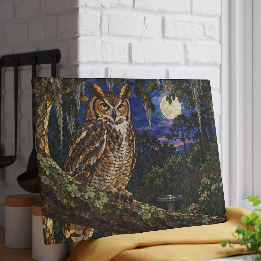 Great Horned Owl Glass Cutting Board, Owl Kitchen Decor, Backyard Bird Lover Gift, Birdwatcher Gift, Woodland Serving Board