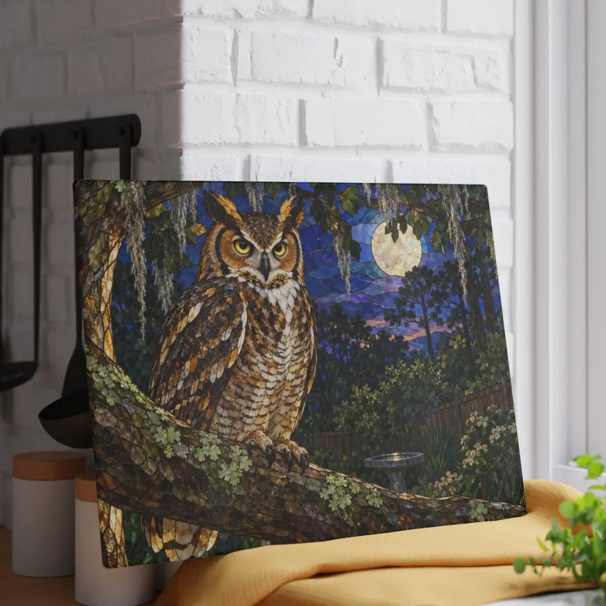 Great Horned Owl Glass Cutting Board, Owl Kitchen Decor, Backyard Bird Lover Gift, Birdwatcher Gift, Woodland Serving Board