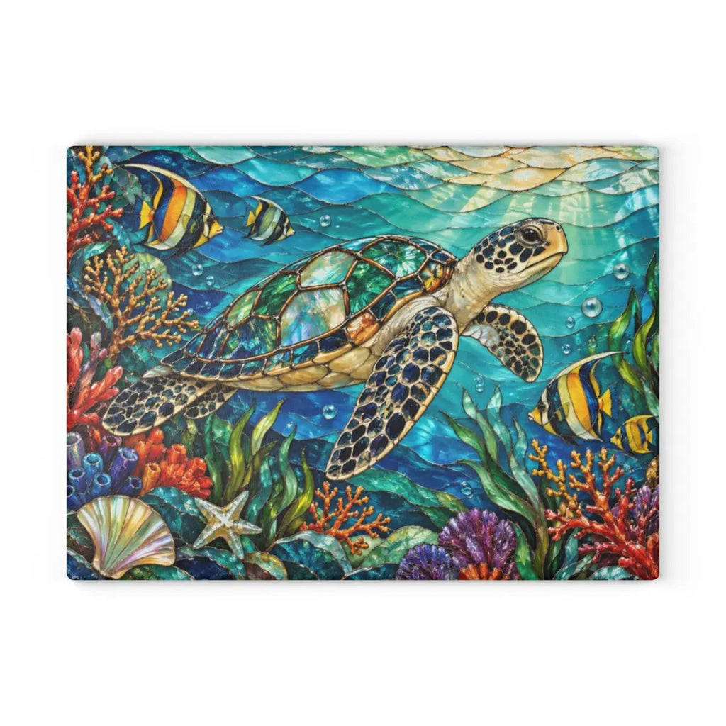 Sea Turtle Reef Glass Cutting Board, Ocean Kitchen Decor, Underwater Coral Sea Life Chopping Board, Coastal Housewarming Gift Idea