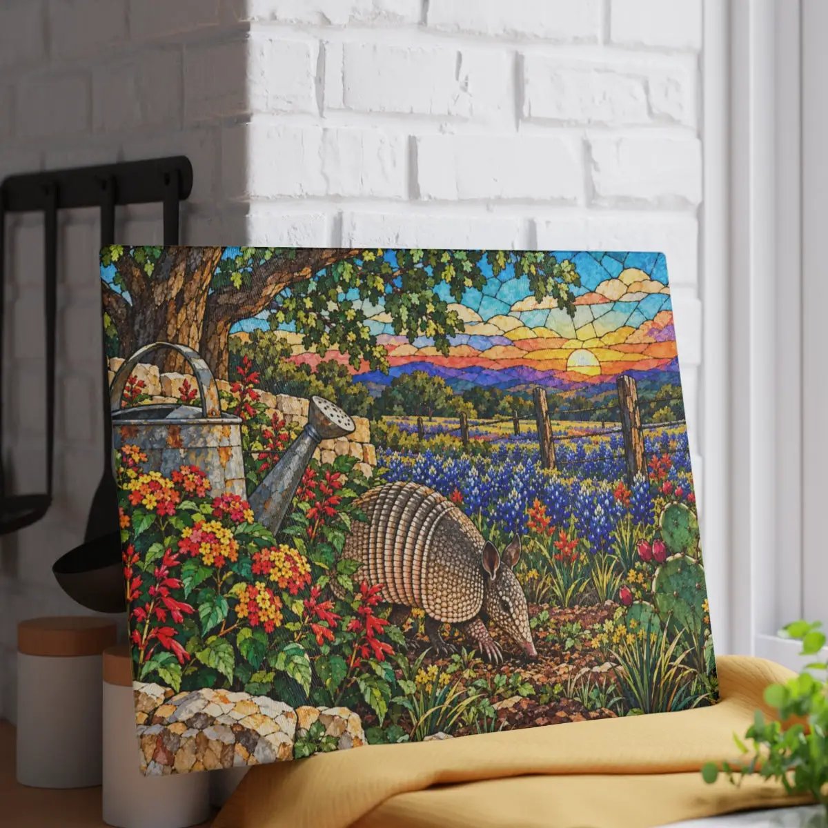 Texas Armadillo Glass Cutting Board, Bluebonnet Kitchen Decor, Stained Glass Style Texas Wildlife Gift, Country Garden Housewarming Gift