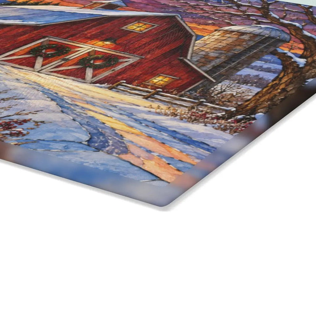 Winter Red Barn Glass Cutting Board, Country Christmas Kitchen Decor, Farmhouse Cutting Board, Rustic Winter Barn Gift