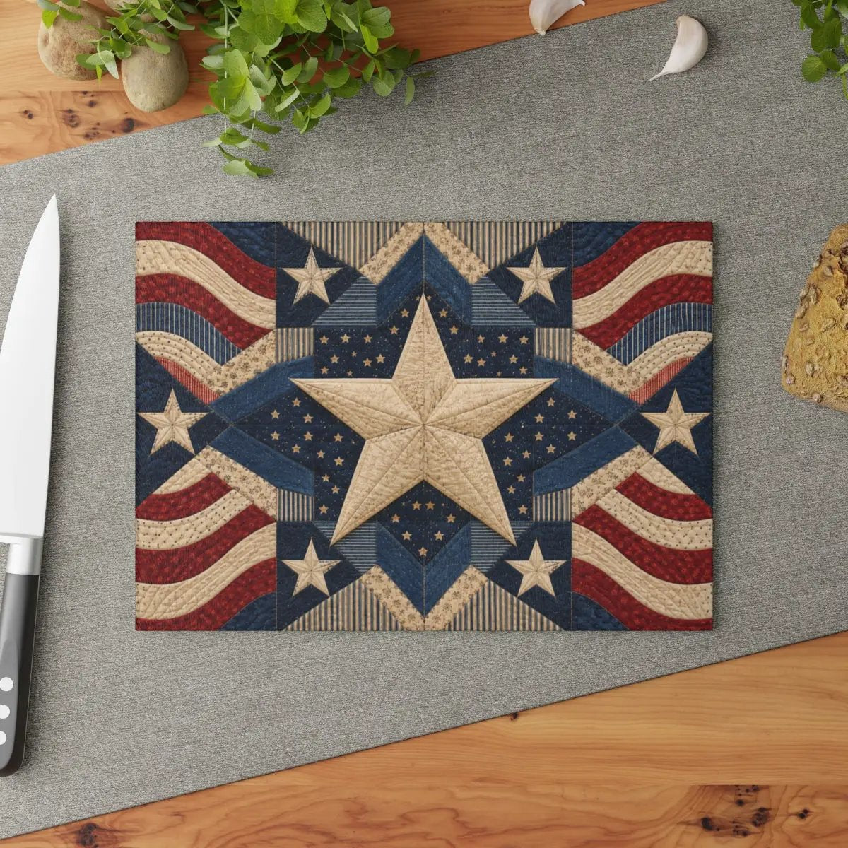 Patriotic Quilt Cutting Board, American Flag Glass Cutting Board, Americana Star Kitchen Decor, Quilter Gift, Red White Blue Decor