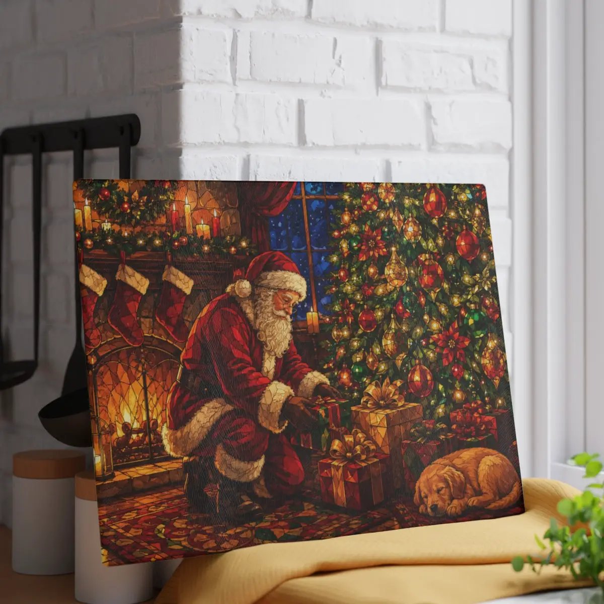 Santa Christmas Glass Cutting Board, Santa and Puppy Kitchen Decor, Christmas Eve Serving Board, Stained Glass Holiday Gift, Santa Decor