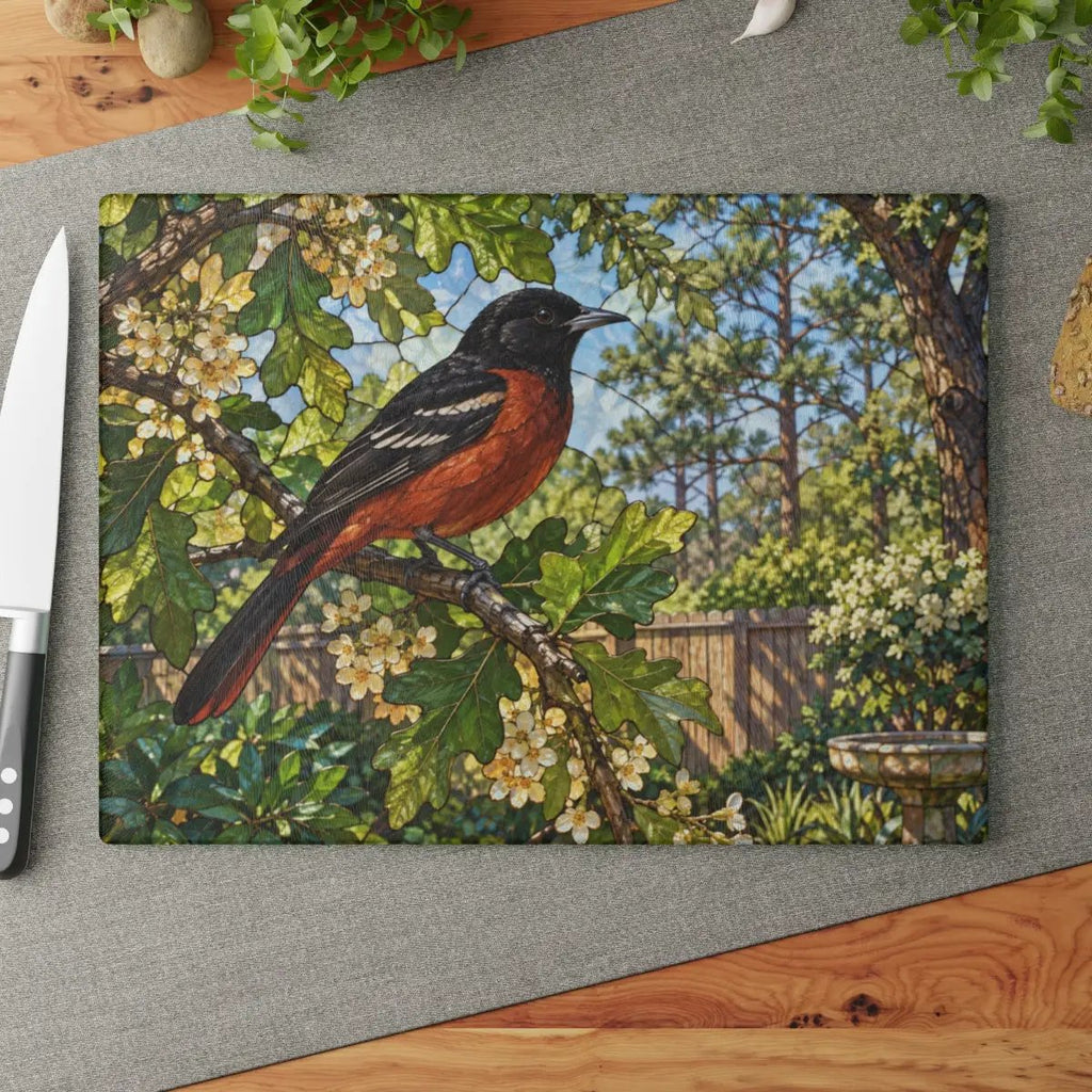 Orchard Oriole Glass Cutting Board, Backyard Bird Kitchen Decor, Oriole Bird Lover Gift, Nature Serving Board, Birdwatcher Gift