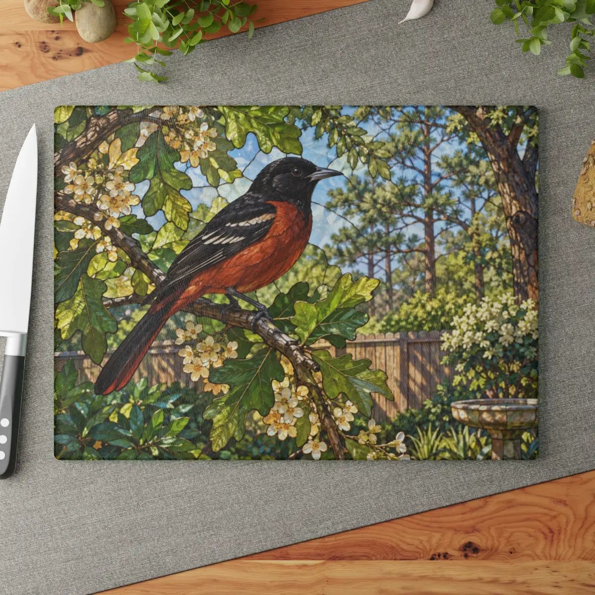 Orchard Oriole Glass Cutting Board, Backyard Bird Kitchen Decor, Oriole Bird Lover Gift, Nature Serving Board, Birdwatcher Gift