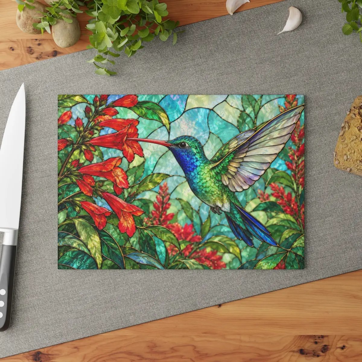 Hummingbird Cutting Board, Stained Glass Hummingbird Decor, Red Flower Kitchen Decor, Bird Lover Gift, Nature Inspired Gift