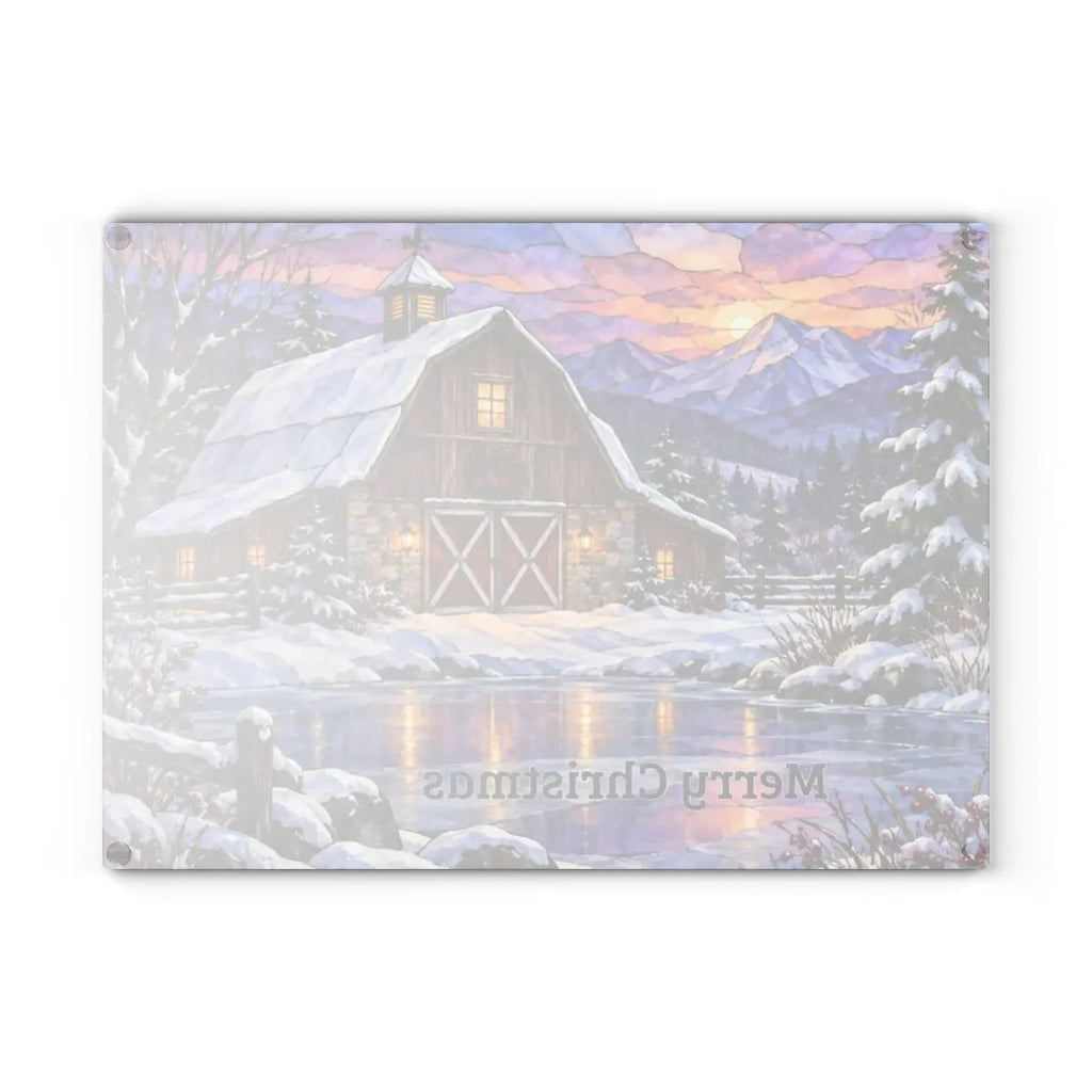 Evergreen Winter Barn Glass Cutting Board, Country Farmhouse Kitchen Decor, Snowy Mountain Barn Christmas Gift