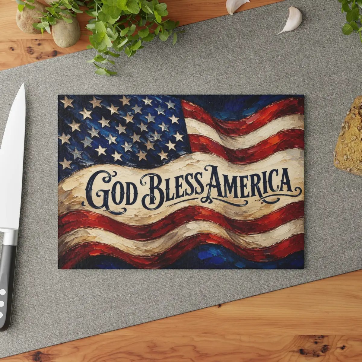 God Bless America Cutting Board, American Flag Glass Cutting Board, Patriotic Kitchen Decor, Christian USA Gift, Americana Home Decor