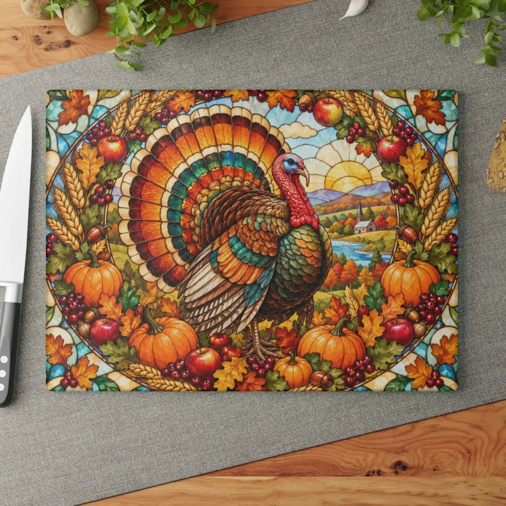 Thanksgiving Turkey Glass Cutting Board, Harvest Wreath Kitchen Decor, Stained Glass Fall Turkey, Pumpkin Apple Autumn Gift