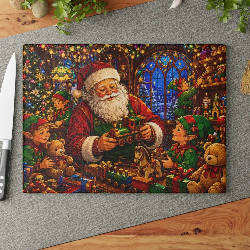 Santa Workshop Glass Cutting Board, Christmas Kitchen Decor, Santa and Elves Stained Glass Art, Holiday Serving Board, Christmas Gift