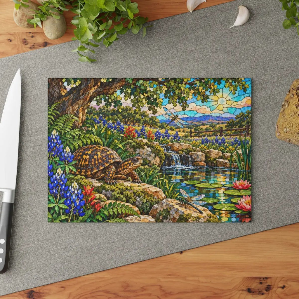 Box Turtle Glass Cutting Board, Texas Bluebonnet Kitchen Decor, Turtle and Dragonfly Gift, Wildlife Garden Cutting Board, Nature Decor