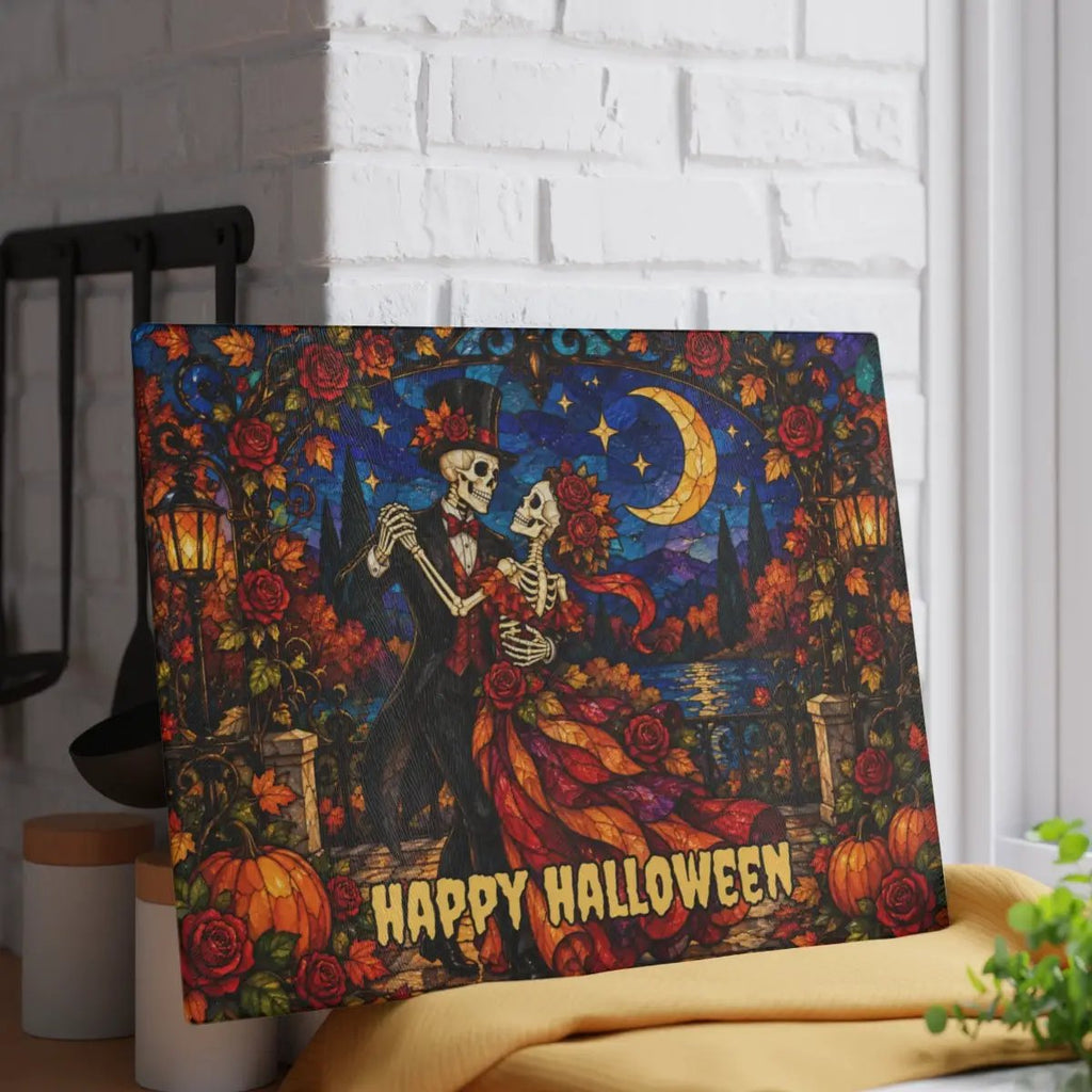 Halloween Skeleton Dancing Couple Personalized Glass Cutting Board, Gothic Romance Kitchen Decor