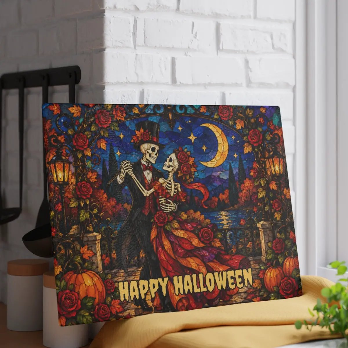 Halloween Skeleton Dancing Couple Personalized Glass Cutting Board, Gothic Romance Kitchen Decor