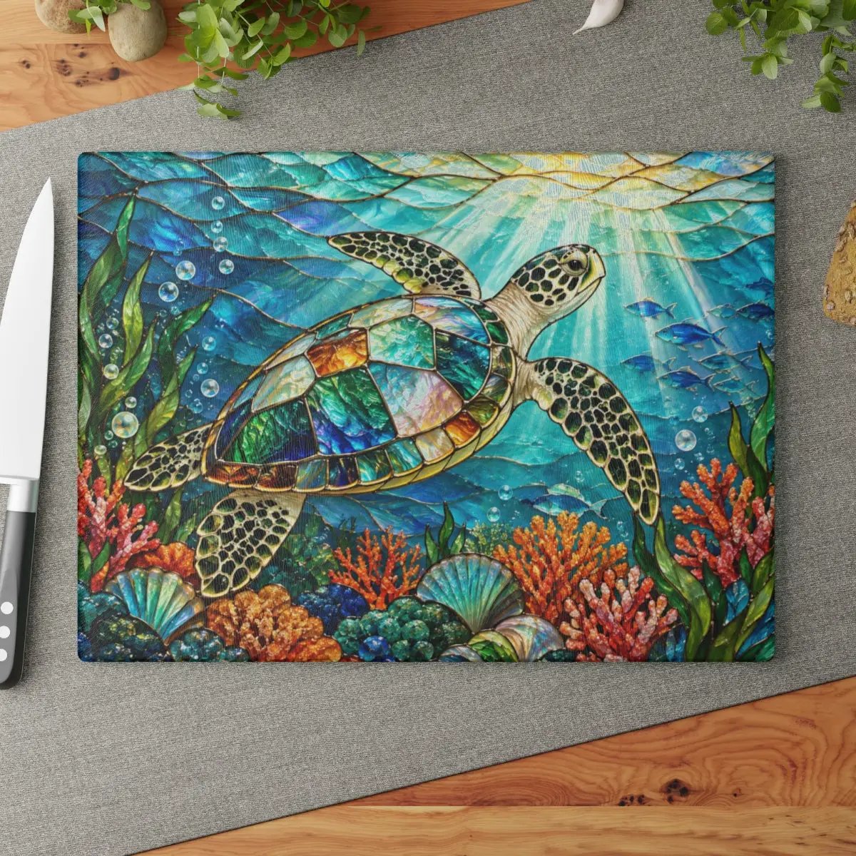 Sea Turtle Glass Cutting Board, Ocean Kitchen Decor, Marine Life Serving Board, Coastal Home Gift, Underwater Art Kitchen Accessory