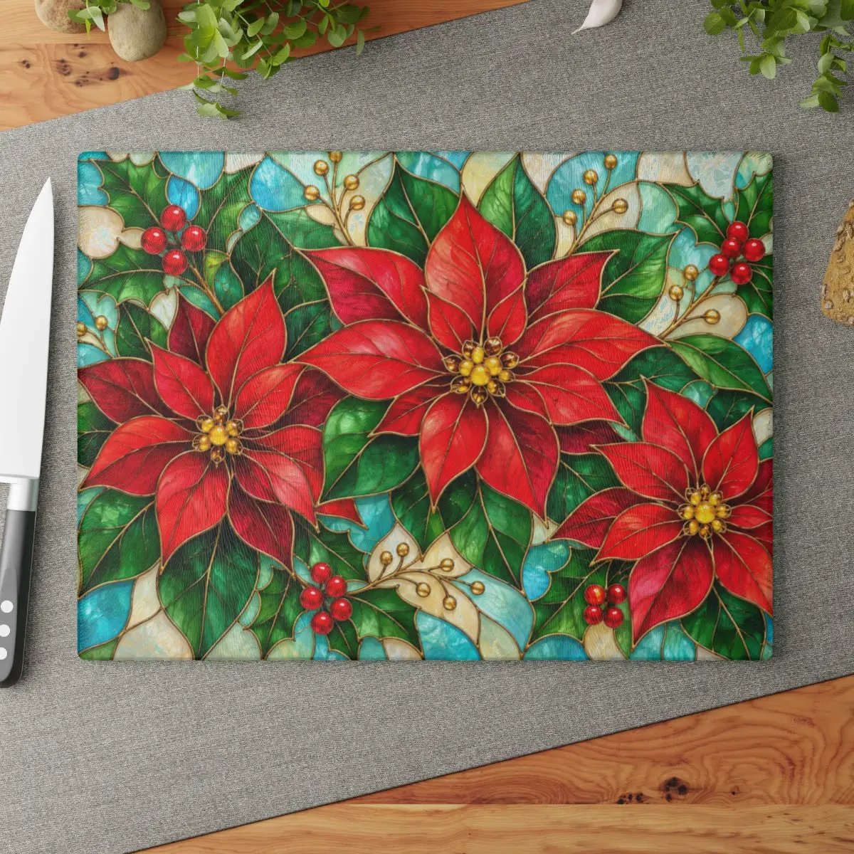 Christmas Poinsettia Glass Cutting Board, Holiday Holly Berry Kitchen Decor, Festive Red Floral Chopping Board, Seasonal Gift Idea