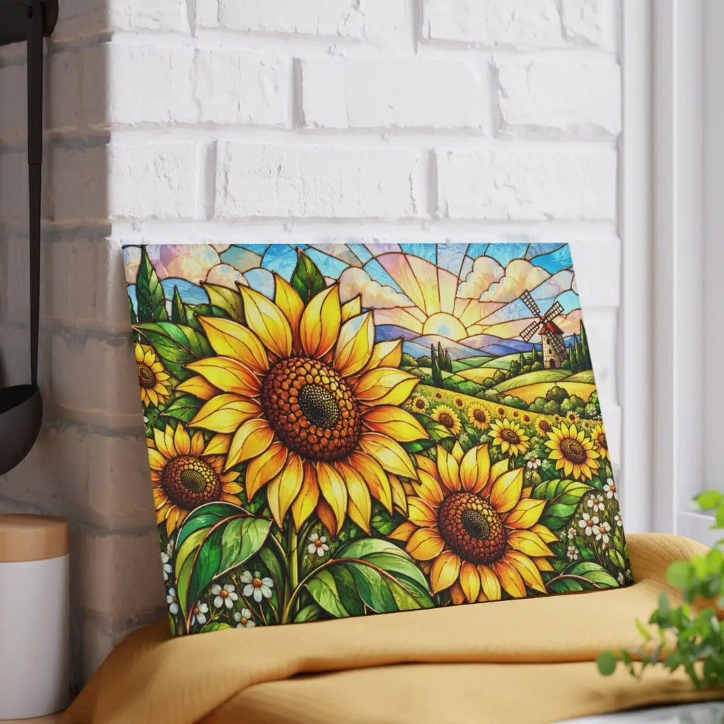 Sunflower Glass Cutting Board, Windmill Kitchen Decor, Sunflower Meadow Cutting Board, Country Floral Gift, Stained Glass Kitchen Art