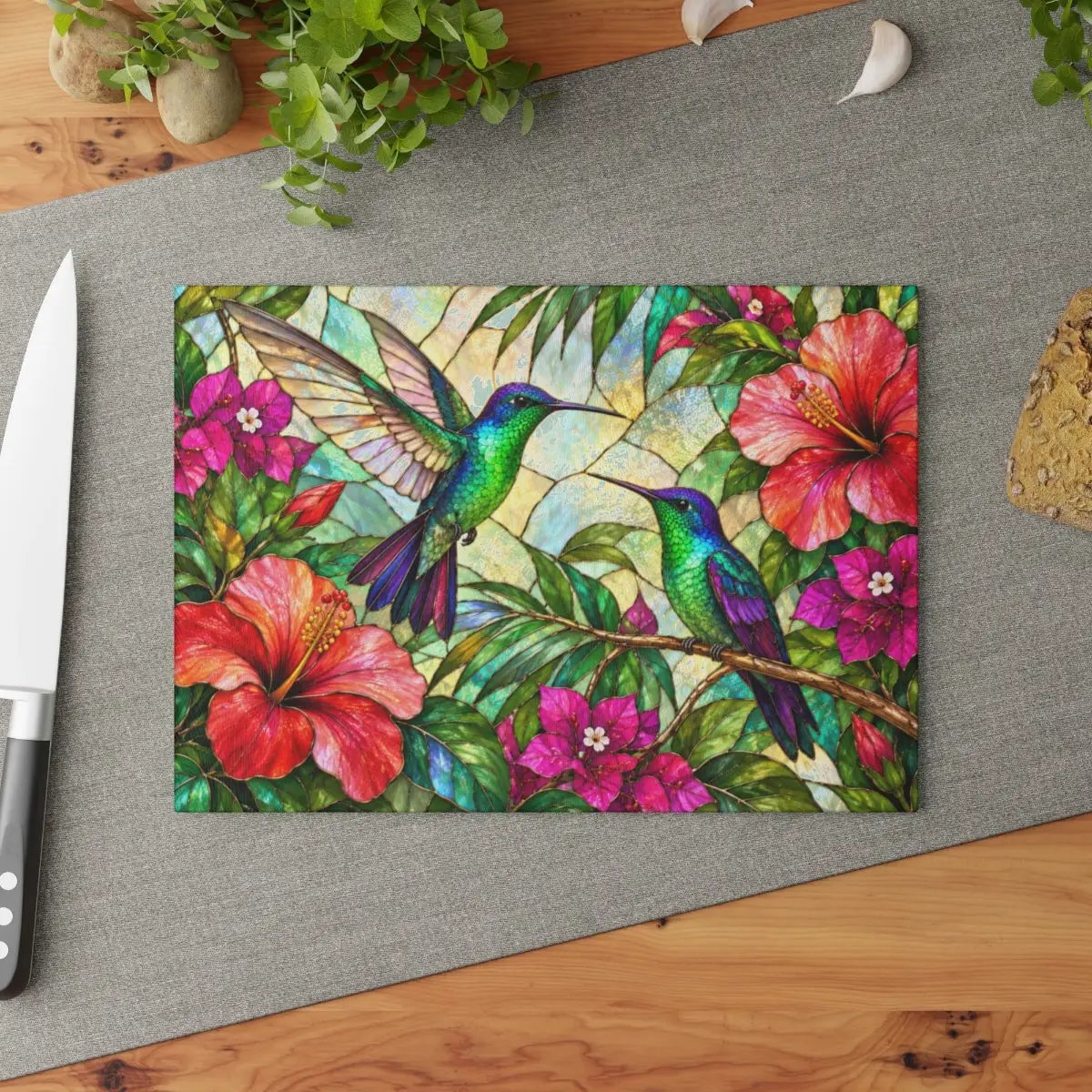 Hummingbird Cutting Board, Stained Glass Bird Decor, Tropical Hibiscus Kitchen Decor, Colorful Hummingbird Gift, Nature Lover Gift