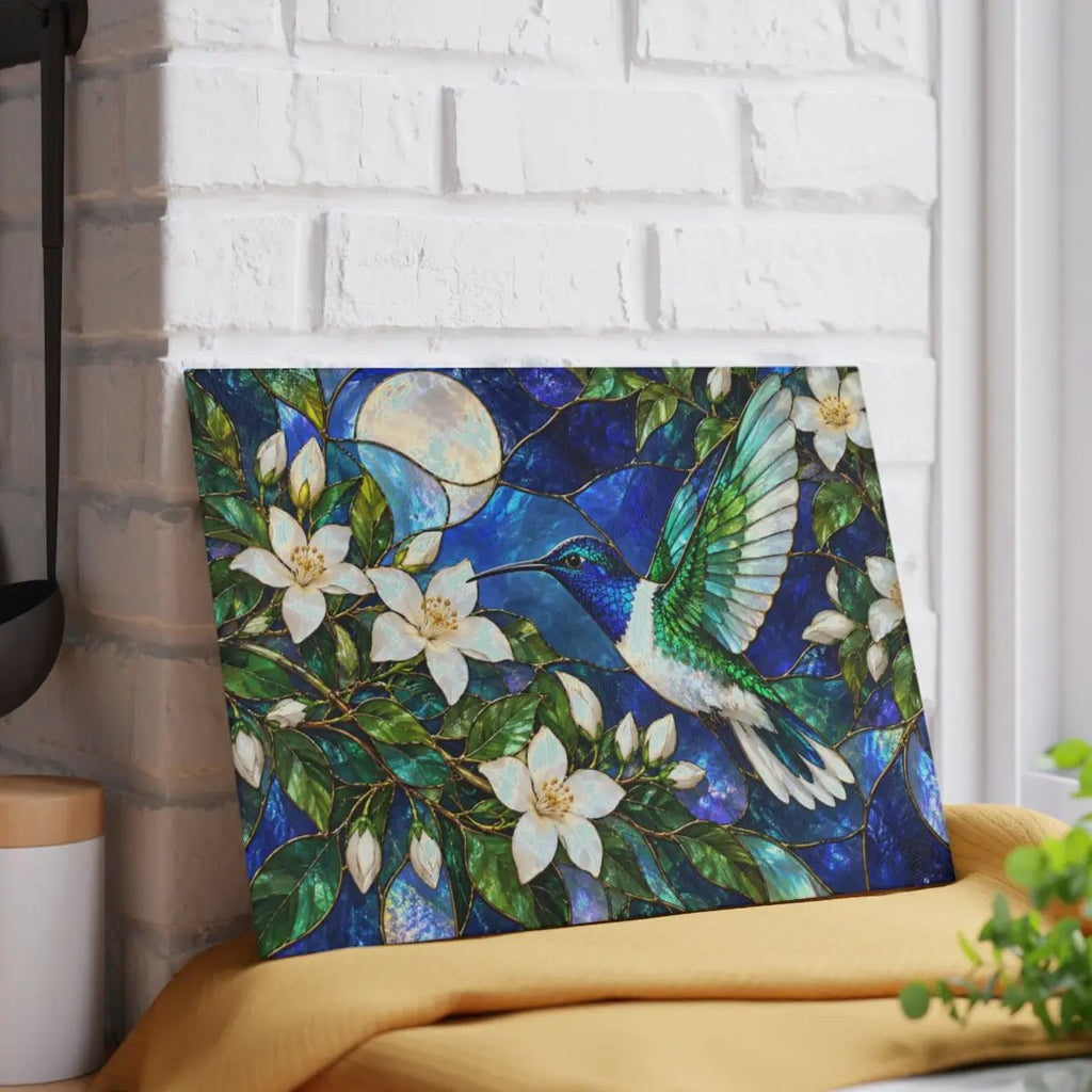 Hummingbird Cutting Board, Stained Glass Bird Decor, Moonlit Jasmine Floral Kitchen Decor, Hummingbird Gift, Nature Lover Gift