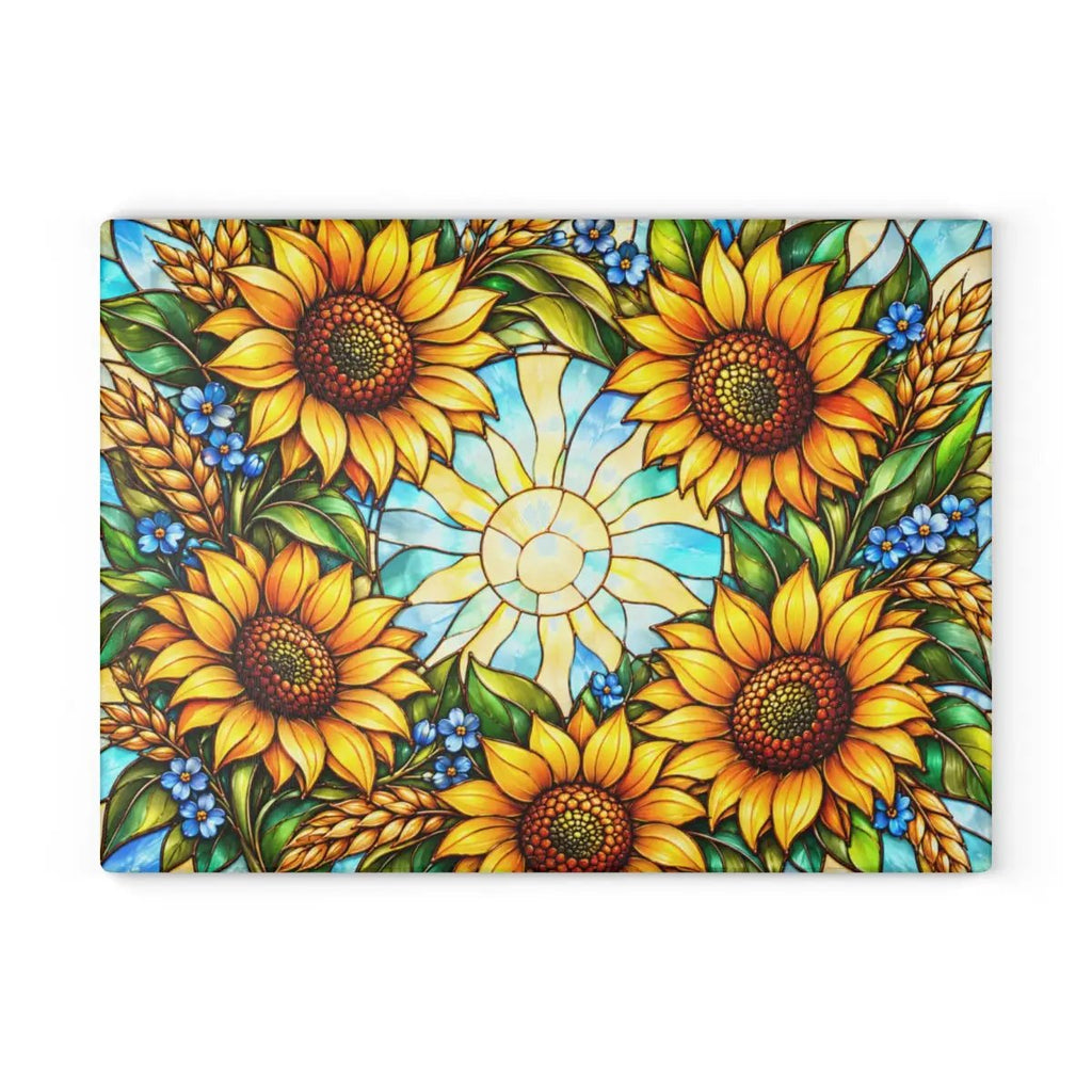 Sunflower Glass Cutting Board, Stained Glass Sunflower Wreath, Floral Kitchen Decor, Yellow Flower Gift, Cheerful Kitchen Art