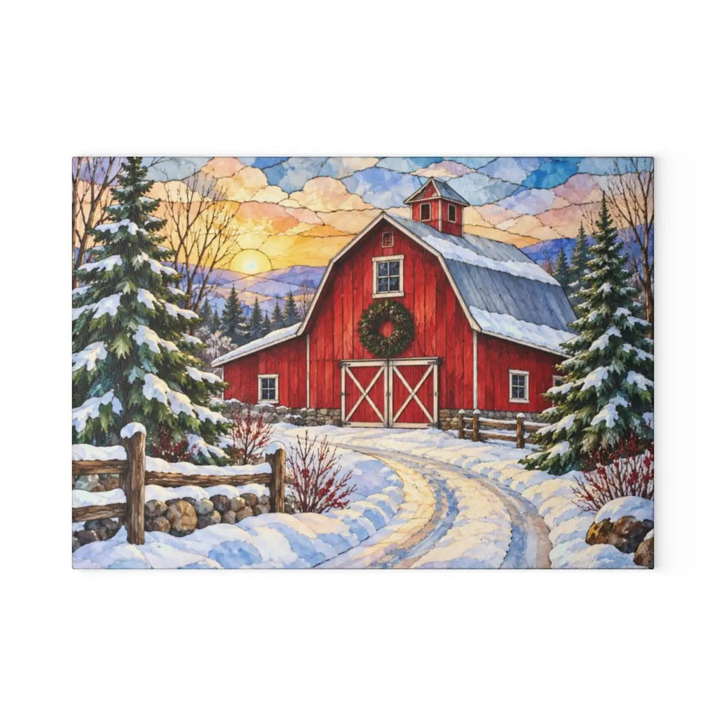 Personalized Winter Barn Cutting Board, Country Farmhouse Kitchen Decor, Stained Glass Farm Scene, Rustic Christmas Gift, Custom Family Gift
