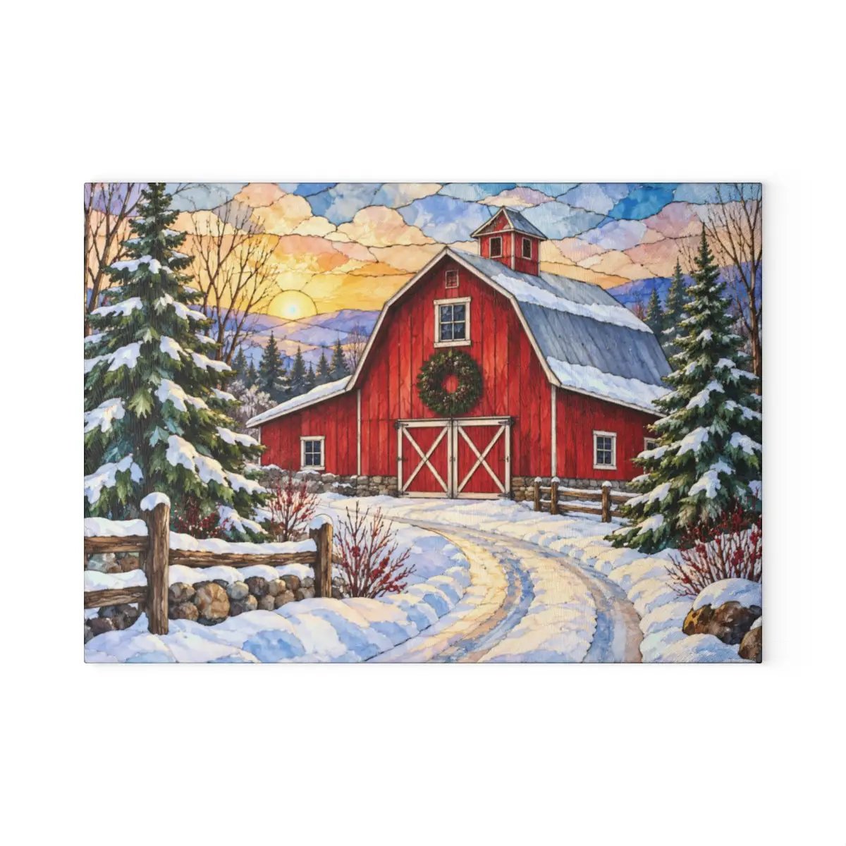 Personalized Winter Barn Cutting Board, Country Farmhouse Kitchen Decor, Stained Glass Farm Scene, Rustic Christmas Gift, Custom Family Gift