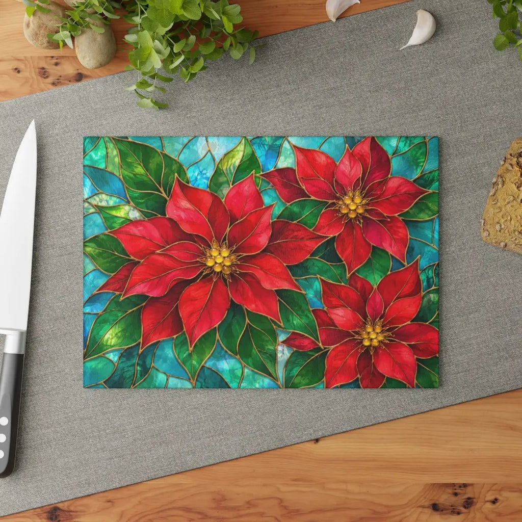 Christmas Poinsettia Glass Cutting Board, Red Floral Kitchen Decor, Tempered Chopping Board, Holiday Cooking Gift for Flower Lovers