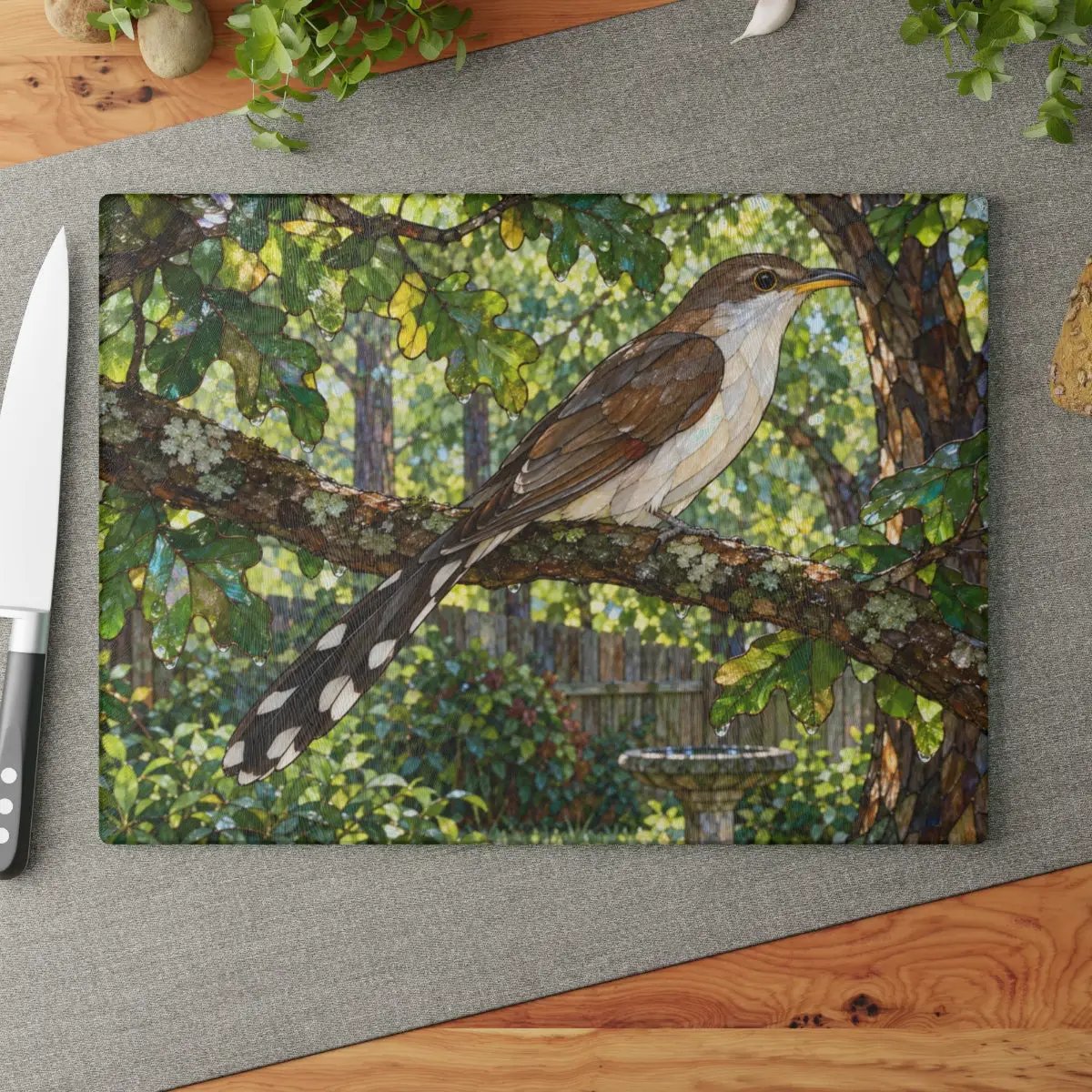 Yellow Billed Cuckoo Glass Cutting Board, Backyard Bird Kitchen Decor, Birdwatcher Gift, Bird Lover Gift, Woodland Serving Board